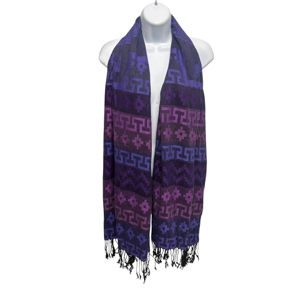 Purple Andean Llama Geometric Sun Motif Fringed Shawl Wrap‎ Scarf